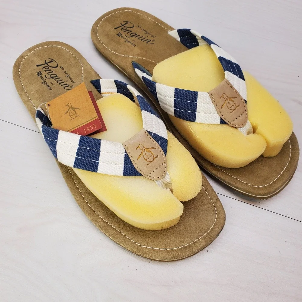 Original Penguin Mens Stripe Flip Flop‎ Sandals Blue White Size 11 Preppy Retro